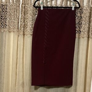 Women's Burgundy Pencil Skirt with Front Lace-Up Detail